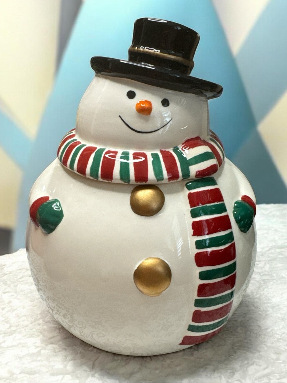 Gibson White Snowman Jar with Black Hat and Red-Green Scarf